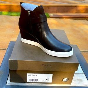 Paolo women’s 9 black leather wedge slip on bootie